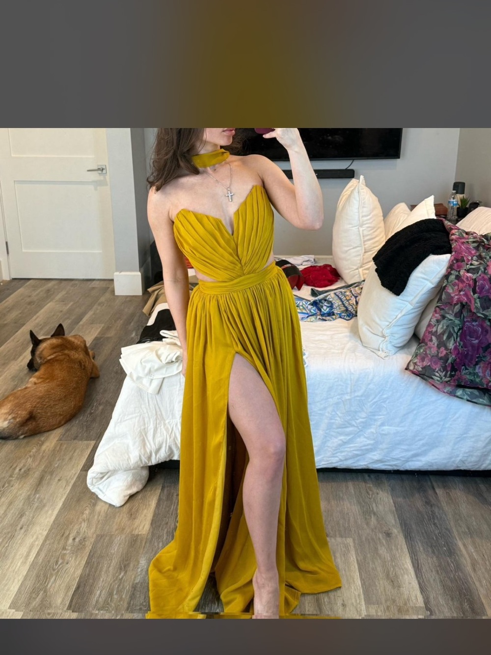 Miss Circle Elegant Mustard Yellow Strapless Evening Gown with Thigh Slit